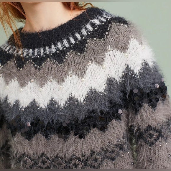 Anthropologie Sleeping On Snow Embellished Fair Isle Black Grey Fuzzy Sweater S - Picture 6 of 12